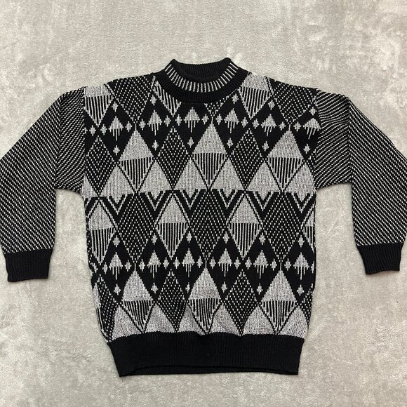 Vintage Fortune Knits Sweater Womens Black Gray Geometric Knit Pullover Size L - Picture 1 of 8